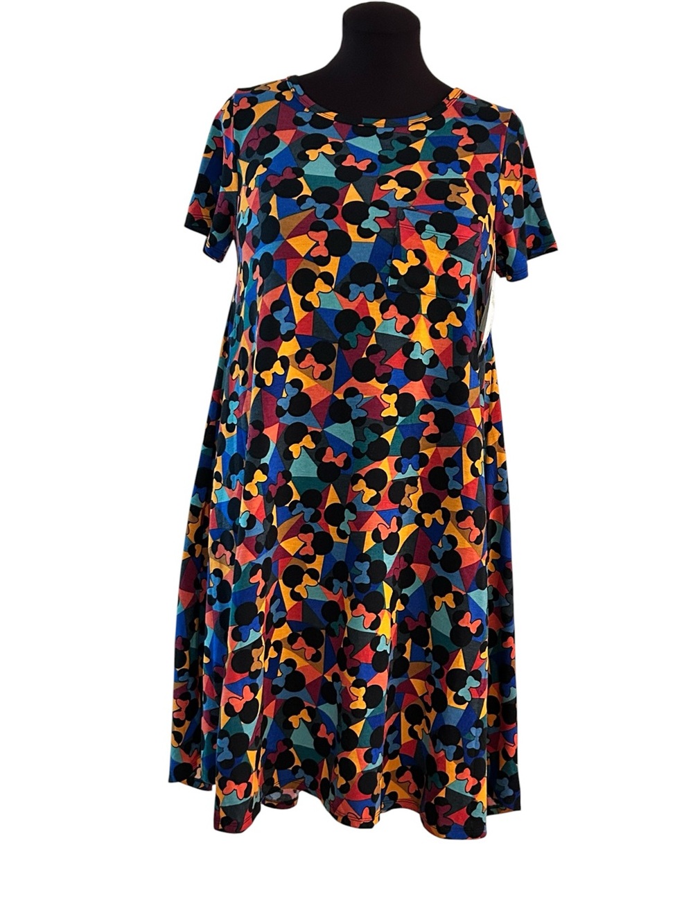 LuLaRoe Disney Carly Dress S Minnie Mouse Bows Triangles Orange Multi New 6-8